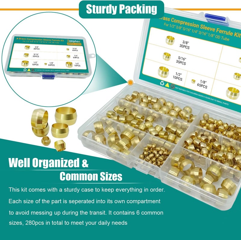 Dekiphox 280PCS Brass Compression Sleeves Ferrules, 6 Sizes 1/2" 3/8" 5/16" 1/4" 3/16" 1/8" Tube OD Hose Compression Fitting Ferrule Kit for Air Water Fuel Oil and Inert Gases Line Repair - Image 4